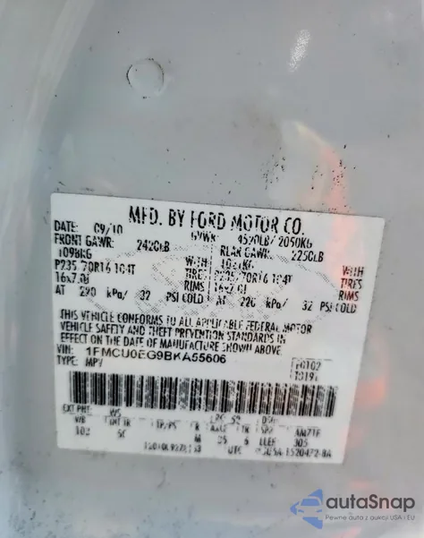 2011 Ford Escape Limited z USA, uszkodzony, nr VIN 1FMCU0EG9BKA55606